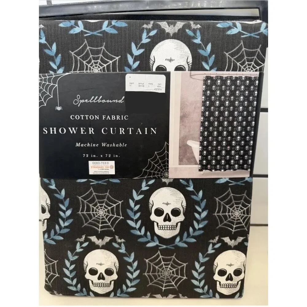 Spellbound Printed Cotton shower Curtain Halloween 72x72 Skull Spider Web NEW!